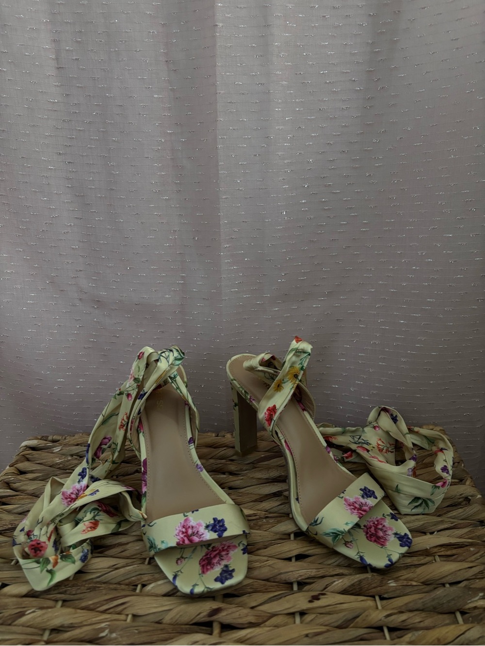 Express Floral Tie-Strap Block Heels in Cream with Multicolor Blooms